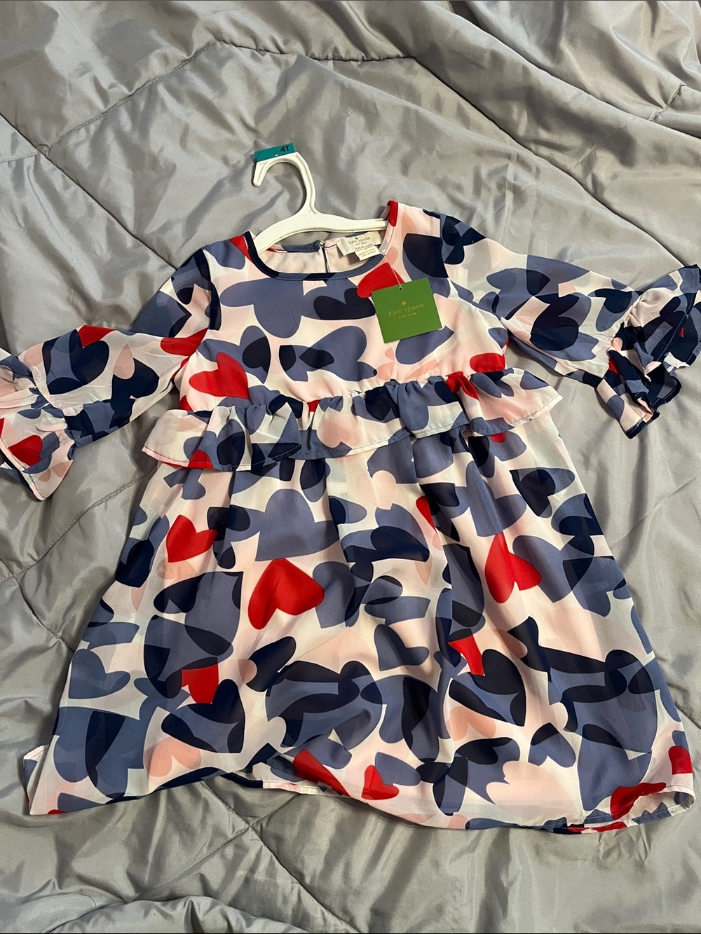 kate spade Heart Print Ruffle Waist Dress - Navy, Red & Pink